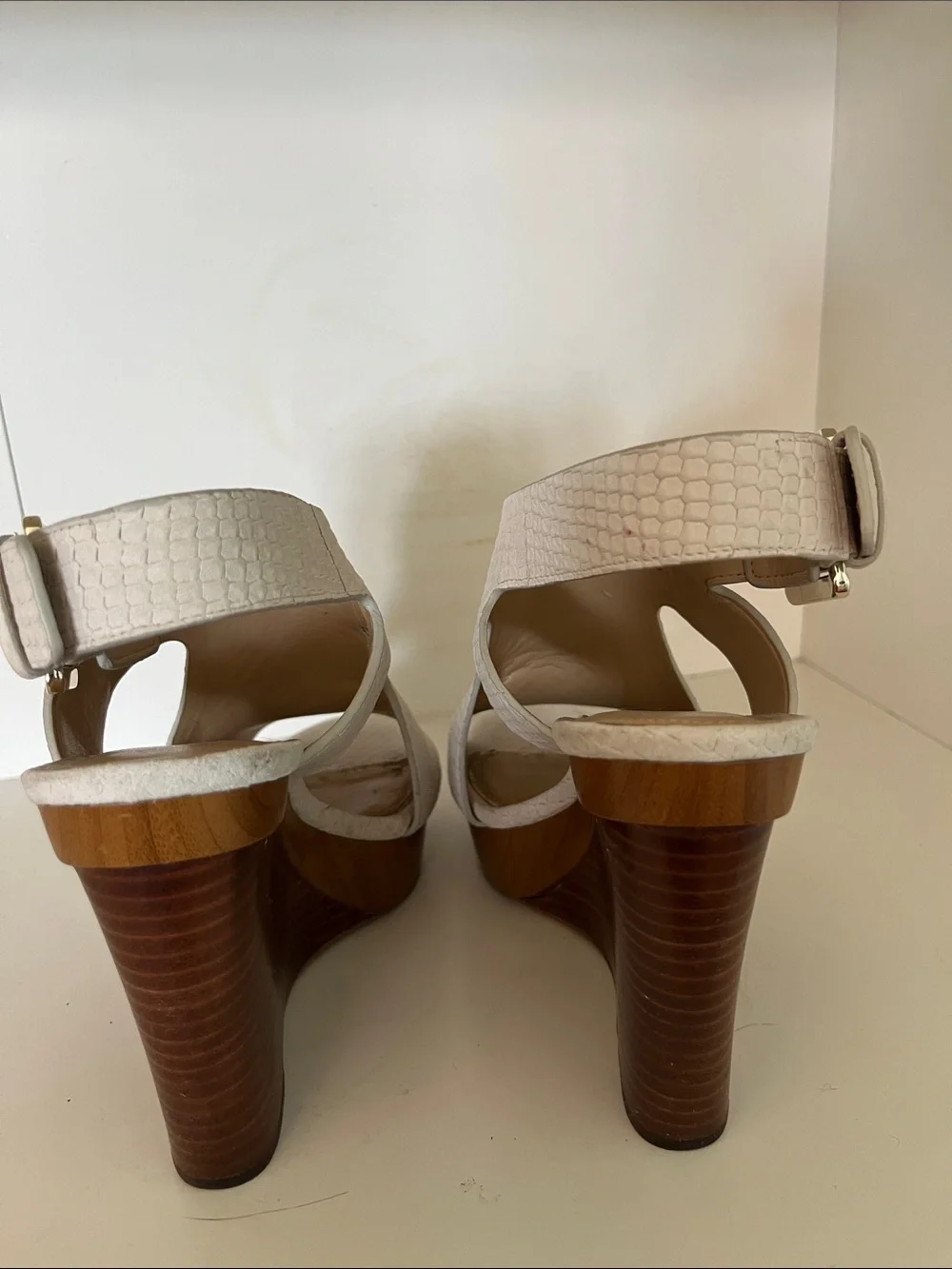 Michael Kors Cream Textured Peep-Toe Platform Wedge Sandals
